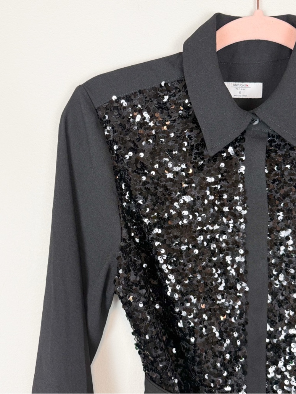 Untuckit Black Sequin Crepe Lexie Shirt Dress Long Sleeve Midi Size 6 - Picture 7 of 11